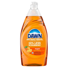 Dawn antibacterial orange hand soap bottle with “50% less scrubbing” on front