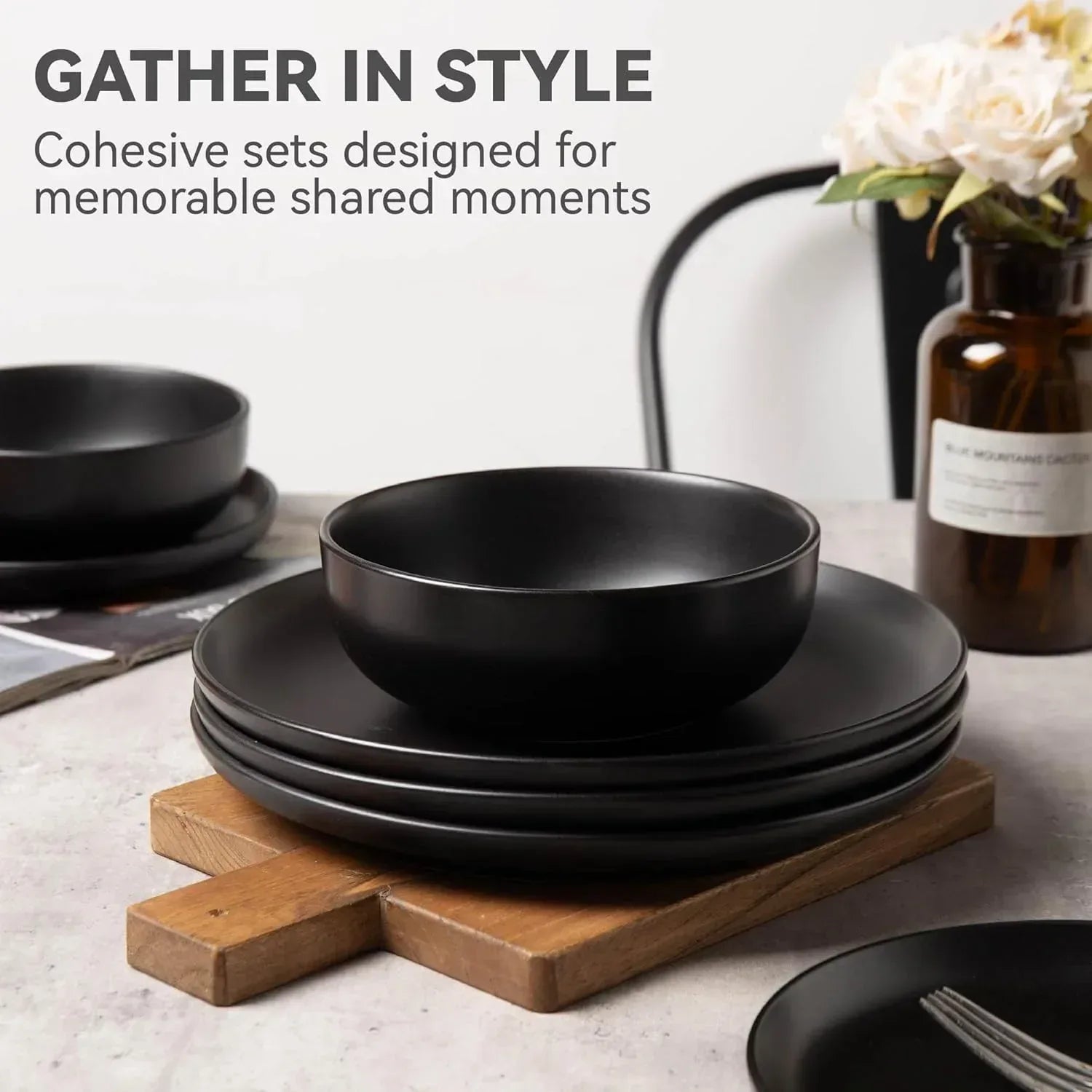 12-Piece Stoneware Dinnerware Set with Mugs | Microwave and Dishwasher Friendly | Stackable Matte Glaze Plates & Bowls | Service for 3 (Black for 3)