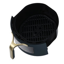 Atlantic Blue air fryer with open basket showing cooking grate and gold lever handle