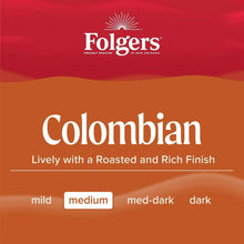 Folgers Colombian decaf coffee label, medium strength selection