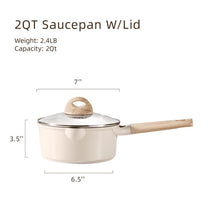 Taupe ceramic nonstick saucepan with lid, 2 qt size, wood handle