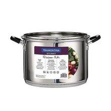 Stainless steel covered stock pot with Tramontina label and black side handles