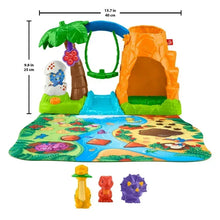 Dinosaur village play mat set with green palm tree, blue stream, orange cave, and 3 figures