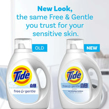 Two Tide free & gentle laundry detergent bottles labeled new and old