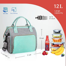 Insulated lunch bag with teal front panel, gray body, and wide zip opening