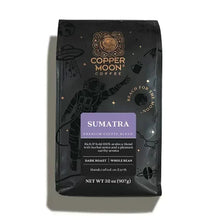 Dark roast whole bean coffee bag, black with Sumatra purple front label