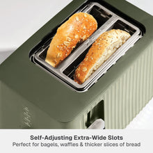 Dusty moss 2-slice toaster with bread in the extra-wide slots