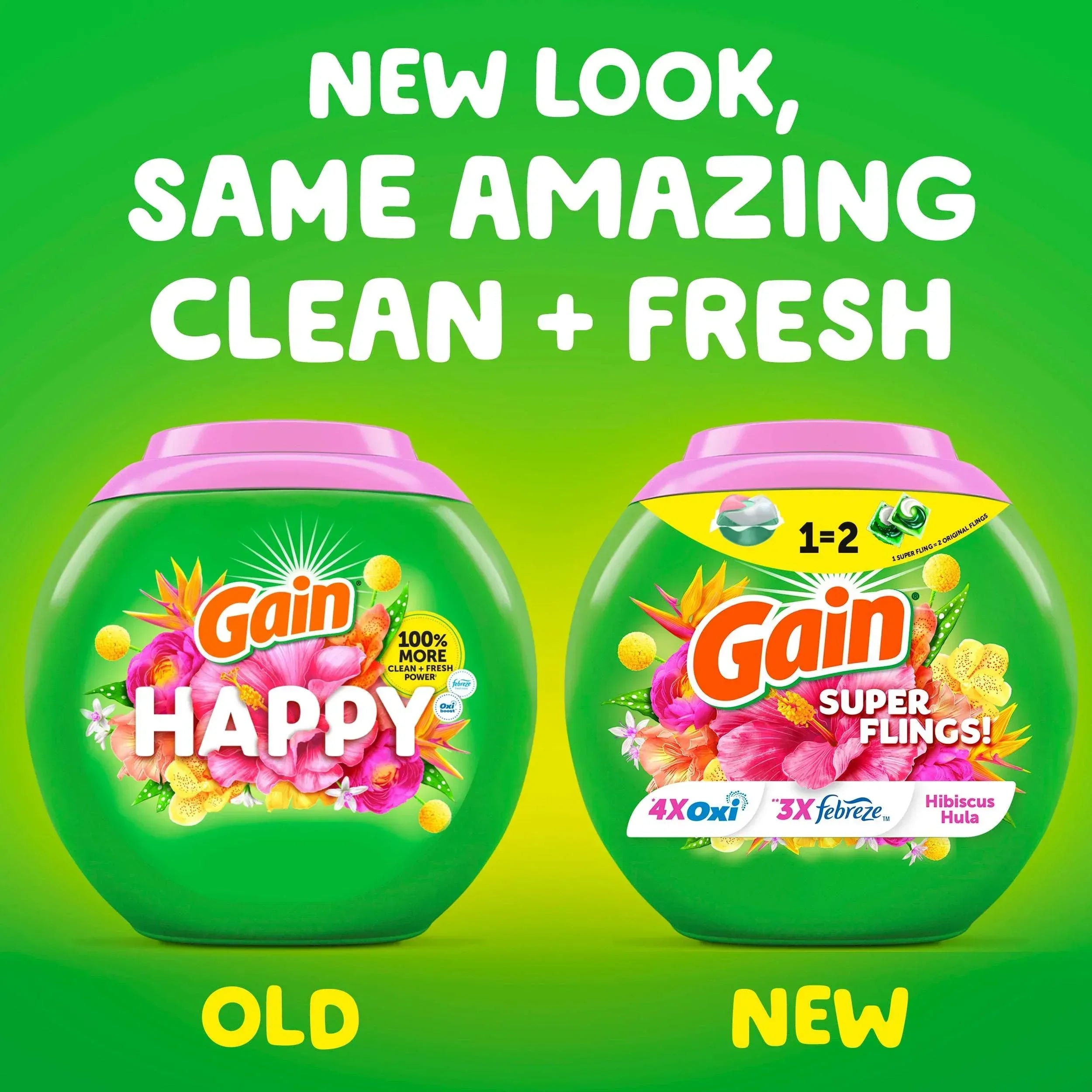 Gain Happy Super-Sized Flings Laundry Detergent Packs, Hibiscus Hula Scent, 18 Count