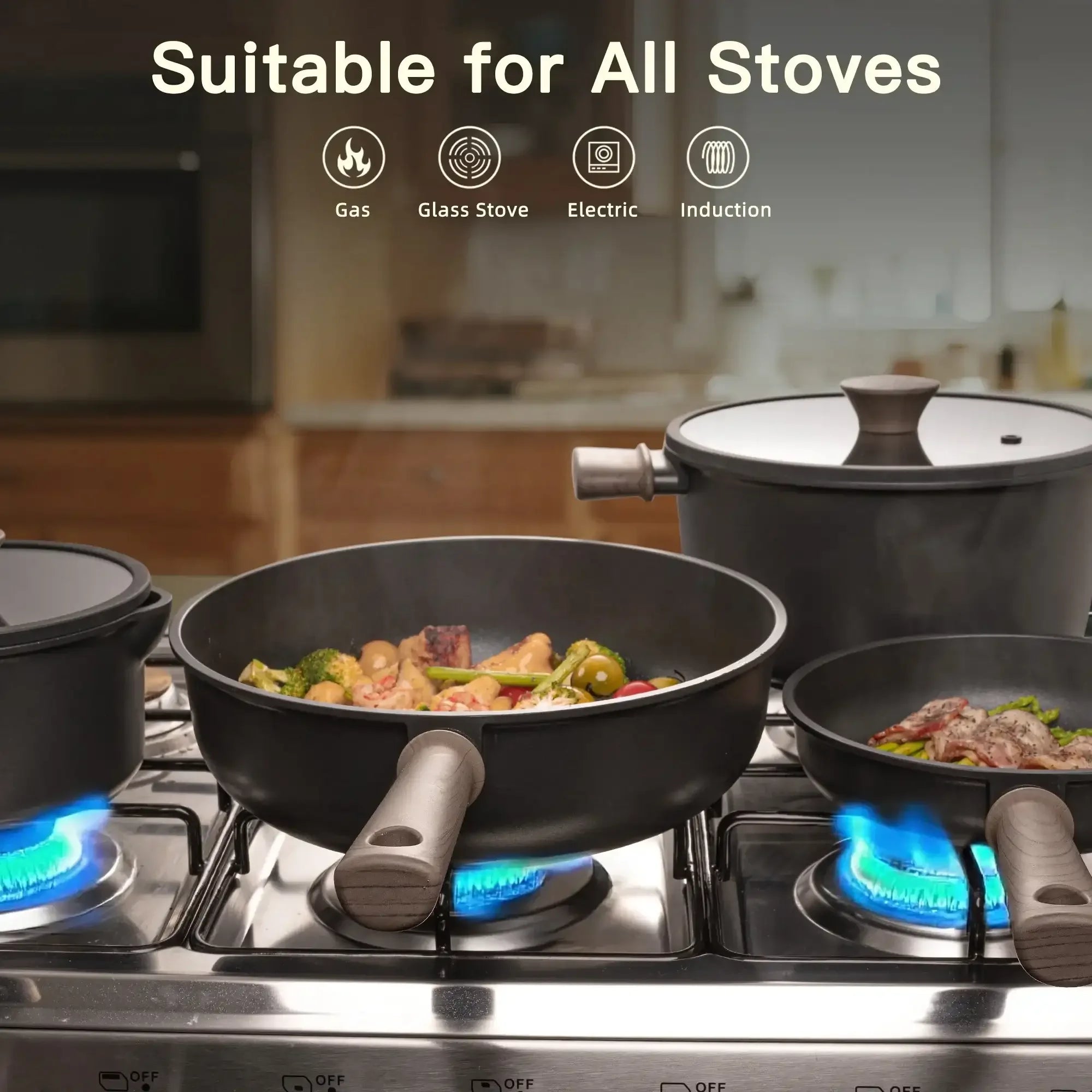 Astercook 18-Piece Pots and Pans Set, Black Titanium Induction Nonstick Cookware Set, Oven Safe to 480°F, Induction Compatible & Dishwasher Safe, Kitchen Cooking Set for RV Trips, Camping and Picnic - USA MEGA SHOP