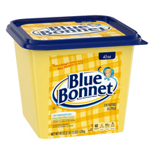 Vegetable oil spread tub with yellow body and blue lid, front label view, 45 oz