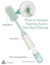 Light green bottle brush with connector and included foam cleaning solution bottle