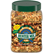 Southern Style Hunter Mix nut jar with green lid, assorted nuts visible through glass
