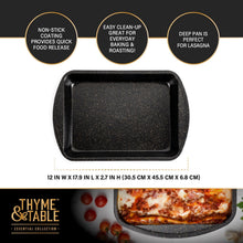 Black speckled rectangular baking pan with nonstick coating and deep sides
