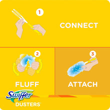 Cleaning duster kit infographic showing steps: connect, fluff, and attach refills