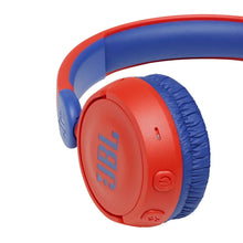Red and blue kids on-ear headphones, showing JBL earcup controls and padded headband