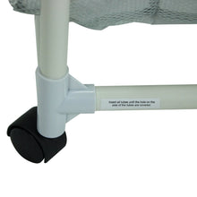 Caster wheel and frame connector on a rolling mesh laundry sorter cart