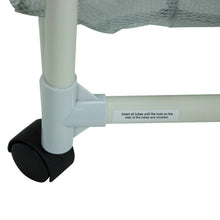 Laundry sorter cart caster wheel foot on light frame with soft black wheel