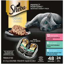 Sheba perfect portions cat food variety pack box showing cuts in gravy