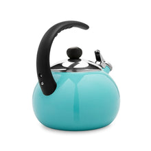 Aqua tea kettle side view with arched black handle, silver lid, and knob