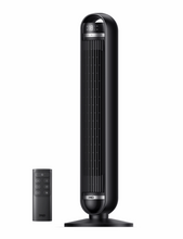 Black bladeless tower fan with remote control, standing on round base