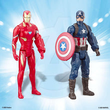 Red Iron Man and blue Captain America action figures standing side by side
