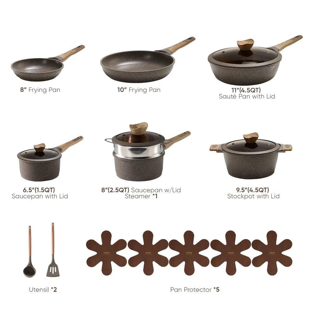 Carote Non Stick Pots and Pans Set,  Induction Kitchen Cookware Sets (Brown)