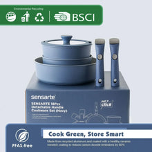 Blue SENSARTE 18-piece ceramic cookware set with detachable handles, shown with lid.