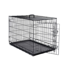 Black metal wire dog crate with single door and black tray, front view