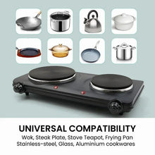 Black electric double burner hot plate with two round cast plates and four knob controls