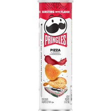 Pizza-flavored potato crisps canister with Pringles logo and pepper-chip artwork