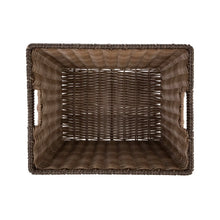 Large poly rattan storage basket with handles, dark brown woven interior