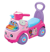 Pink push ride-on car with blue seat, music console, and purple handle