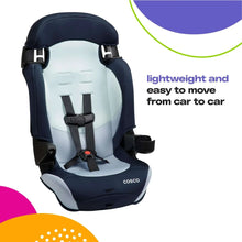 Kids booster car seat with dark blue shell and light gray insert, front view