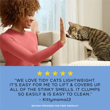 Purina Tidy Cats lightweight clumping litter testimonial card with cat and five stars