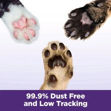 Cat litter tray with pale beige clumping litter and dust-free, low tracking label.