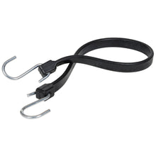 Black rubber strap bungee cord with two metal hooks and end loops