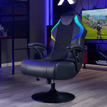 Black gaming chair with RGB accents along headrest and back, padded seat, pedestal base