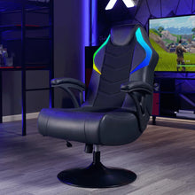 Black gaming chair with headrest, RGB side light strips, and pedestal base