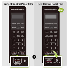 Microwave control panel film comparison showing keypad buttons and Stop/Clear/Unlock