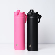 Pink and black stainless steel water bottles with push-lock lids and side carry loops