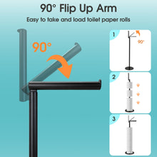Black flip-up arm toilet paper holder stand with circular base for roll loading