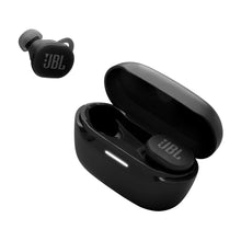 Black true wireless earbuds with ear hooks, shown open beside charging case