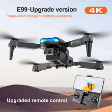 Black and gray quadcopter drone with blue LED, front dual camera and four rotors