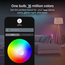 Roku smart color bulb SE with app color wheel control, showing vivid spectrum glow.