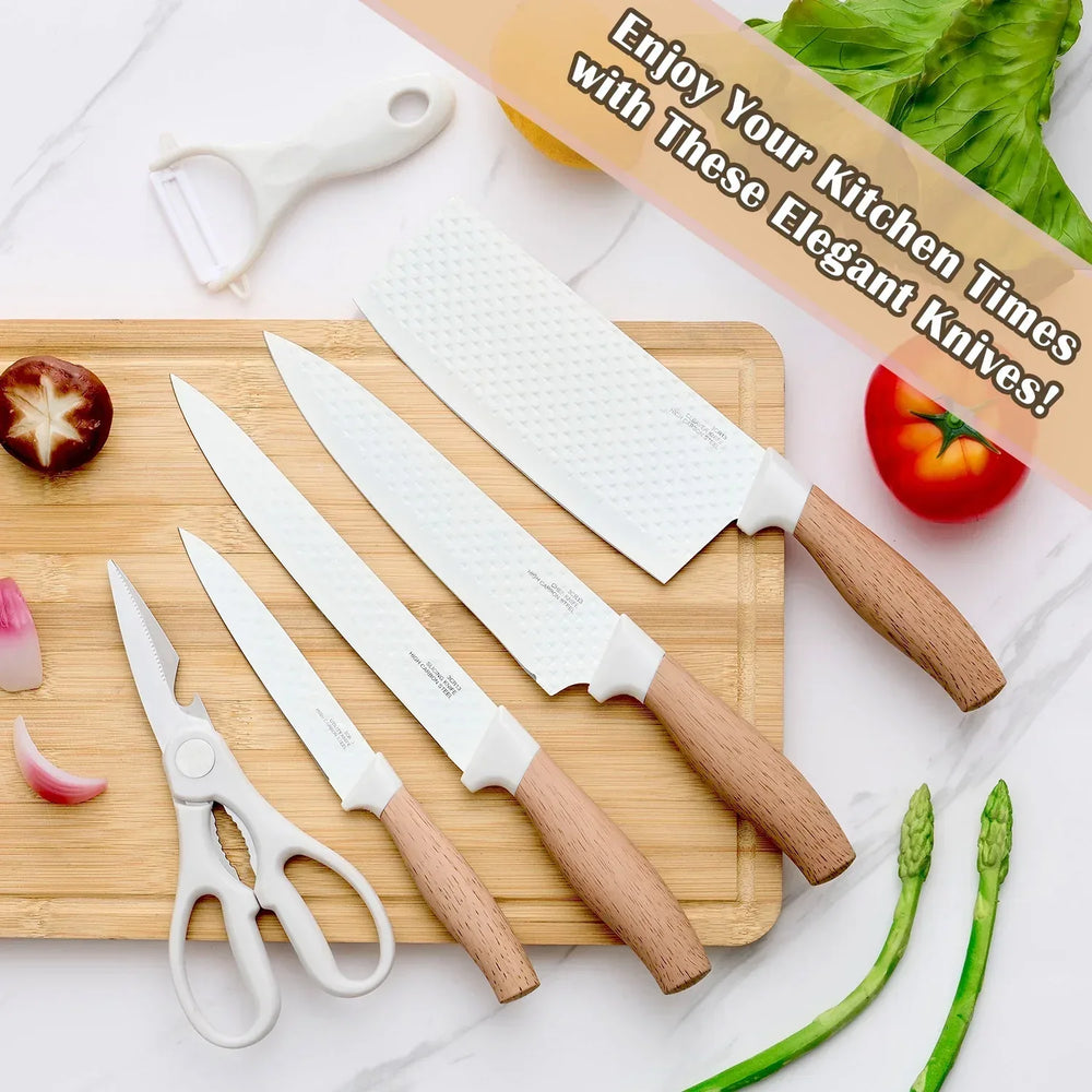 Vesteel Kitchen Knife Set of 7, Professional Stainless Steel Knives Set for Kitchen with Universal Knife Block - Khaki - USA MEGA SHOP