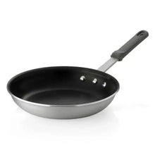 Nonstick aluminum fry pan with black interior and long gray handle, riveted plate.