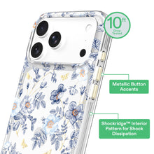 Clear phone case with blue floral toile pattern and metallic button accents along side