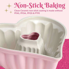 Pink heart-shaped fluted nonstick pan with a ridged inner cavity and center