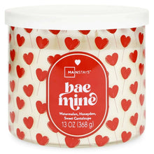 Valentine hearts 3-wick candle jar with red label and centered wick area.