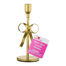 Gold metal taper candle holder with bow ribbon and hanging tag